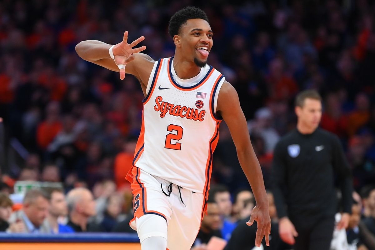 Feb 5, 2025; Syracuse, New York, USA; Syracuse Orange guard J.J. Starling (2) reacts to a made three-point basket against the Duke Blue Devils during the first half at the JMA Wireless Dome. Mandatory Credit: Rich Barnes-Imagn Images