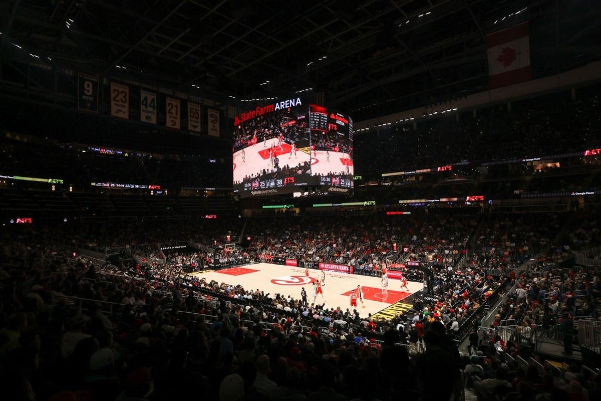 Feb 5, 2025; Atlanta, Georgia, USA; A general view of State Farm Arena during a game between the Atlanta Hawks and San Antonio Spurs in the second quarter. Mandatory Credit: Brett Davis-Imagn Images
