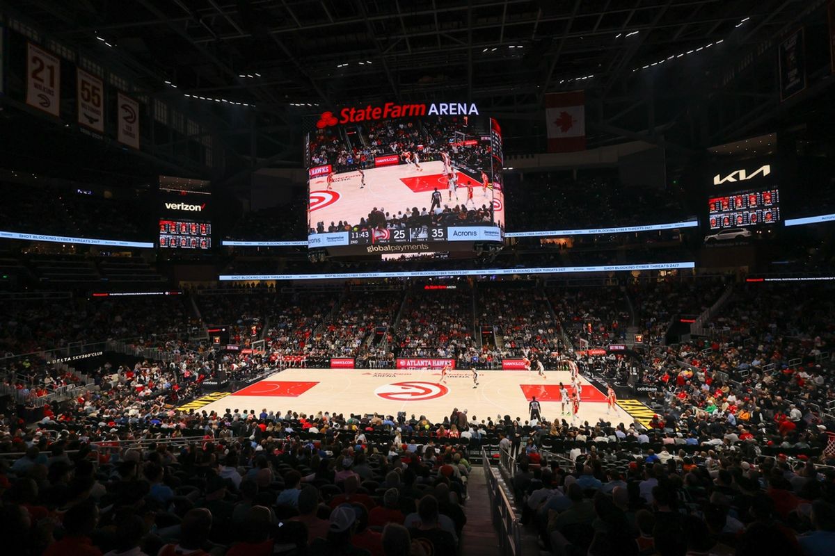 Feb 5, 2025; Atlanta, Georgia, USA; A general view of State Farm Arena during a game between the Atlanta Hawks and San Antonio Spurs in the second quarter. Mandatory Credit: Brett Davis-Imagn Images