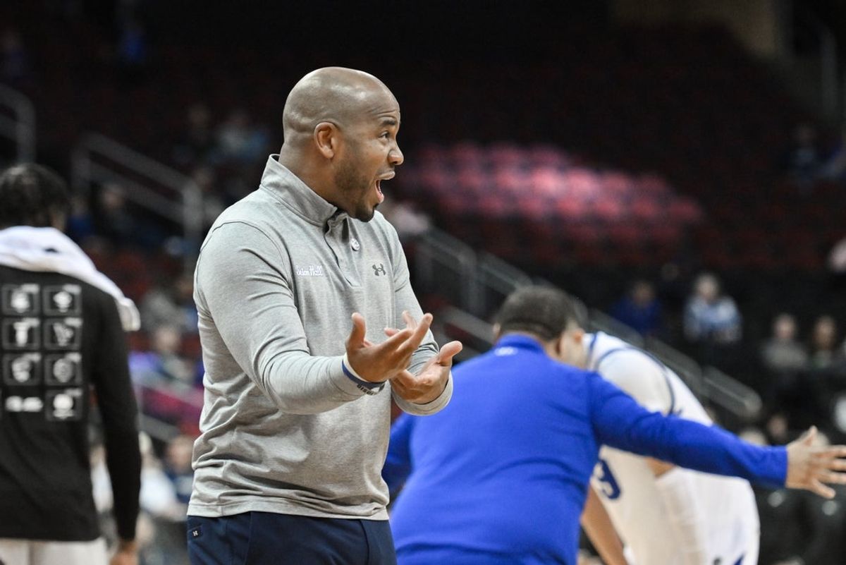 Feb 5, 2025; Newark, New Jersey, USA; Seton Hall Pirates head coach Shaheen Holloway reacts during the second half against the Butler Bulldogs at Prudential Center. Mandatory Credit: John Jones-Imagn Images