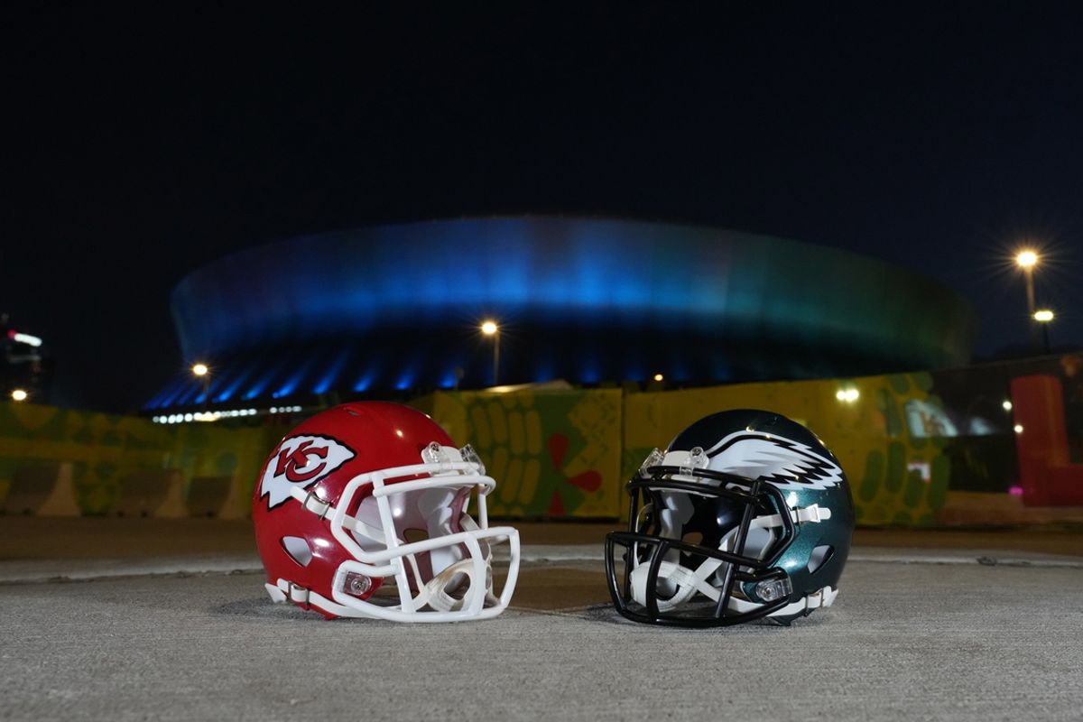 Feb 5, 2025; New Orleans, LA, USA; Kansas City Chiefs and Philadelphia Eagles helmets at the Caesars Superdome prior to Super Bowl LIX. Mandatory Credit: Kirby Lee-Imagn Images