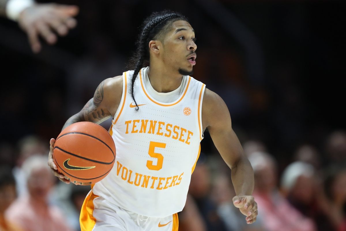 Feb 5, 2025; Knoxville, Tennessee, USA; Tennessee Volunteers guard Zakai Zeigler (5) brings the ball up court against the Missouri Tigers during the first half at Thompson-Boling Arena at Food City Center. Mandatory Credit: Randy Sartin-Imagn Images