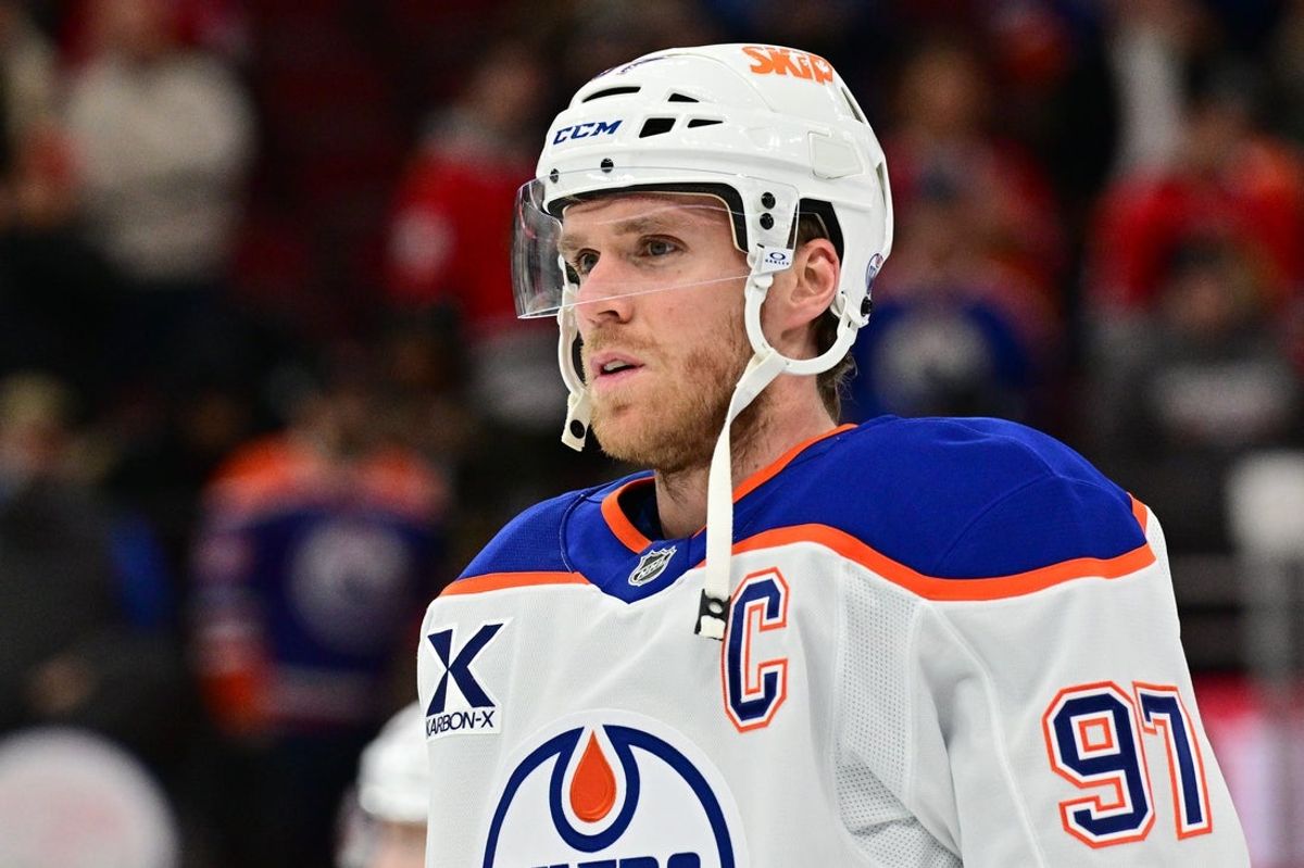 Feb 5, 2025; Chicago, Illinois, USA; Edmonton Oilers center Connor McDavid (97) warms up against the Chicago Blackhawks before the game at the United Center. Mandatory Credit: Daniel Bartel-Imagn Images