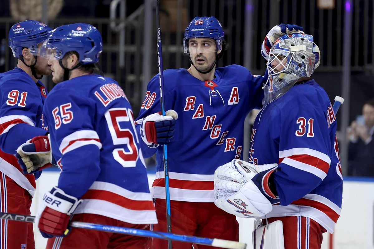 Feb 5, 2025; New York, New York, USA; New York Rangers left wing Chris Kreider (20) celebrates with goaltender Igor Shesterkin (31) after defeating the Boston Bruins at Madison Square Garden. Mandatory Credit: Brad Penner-Imagn Images