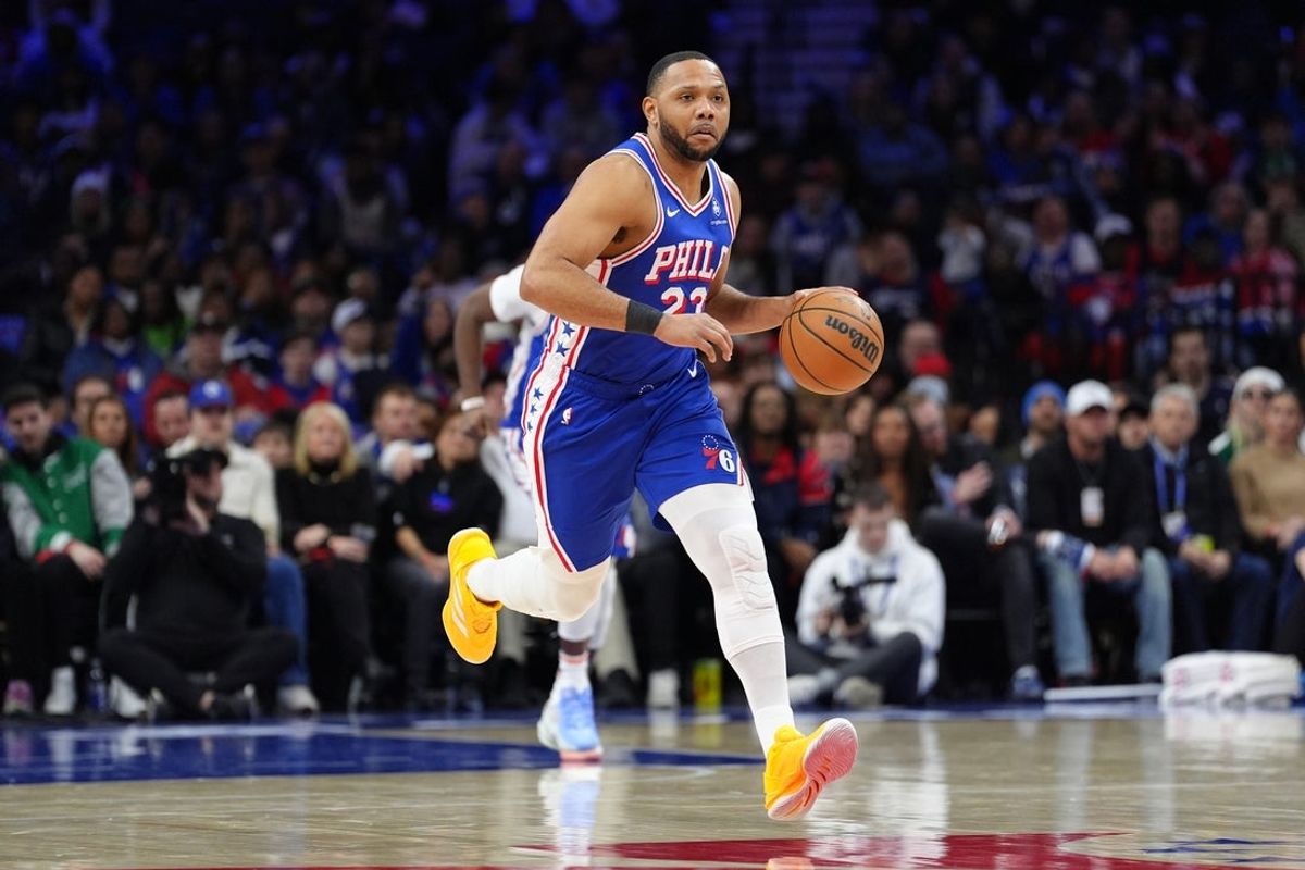 Feb 5, 2025; Philadelphia, Pennsylvania, USA; Philadelphia 76ers guard Eric Gordon (23) controls the ball against the Miami Heat in the fourth quarter at Wells Fargo Center. Mandatory Credit: Kyle Ross-Imagn Images