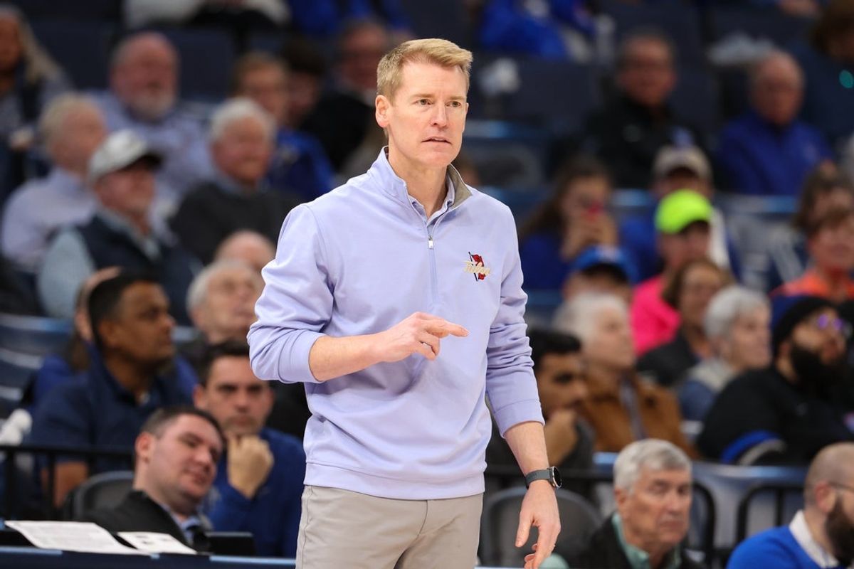 Feb 5, 2025; Memphis, Tennessee, USA; Tulsa Golden Hurricane head coach Eric Konkol looks on against the Memphis Tigers during the first half at FedExForum. Mandatory Credit: Wesley Hale-Imagn Images