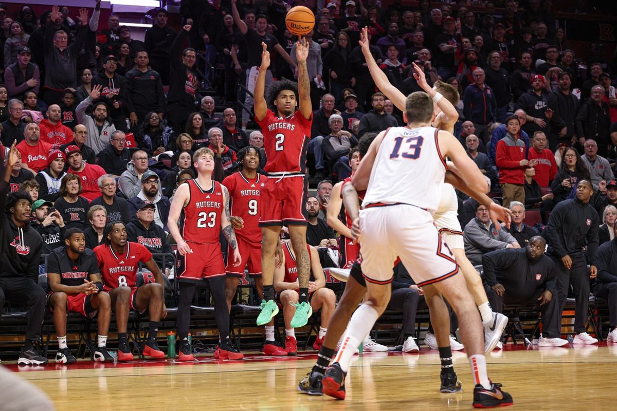 Feb 5, 2025; Piscataway, New Jersey, USA; Rutgers Scarlet Knights guard Dylan Harper (2) makes a three point basket during the second half against the Illinois Fighting Illini at Jersey Mike's Arena. Mandatory Credit: Vincent Carchietta-Imagn Images