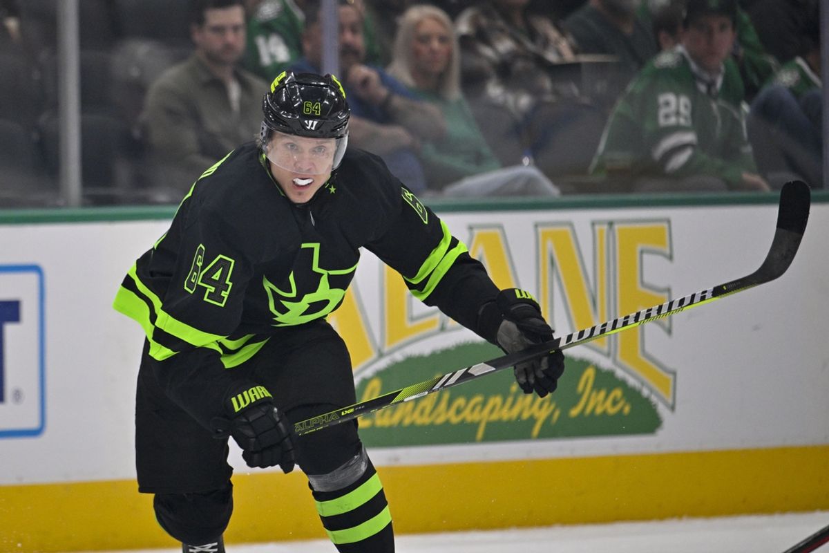 Feb 2, 2025; Dallas, Texas, USA; Dallas Stars center Mikael Granlund (64) in action during the game between the Dallas Stars and the Columbus Blue Jackets at American Airlines Center. Mandatory Credit: Jerome Miron-Imagn Images