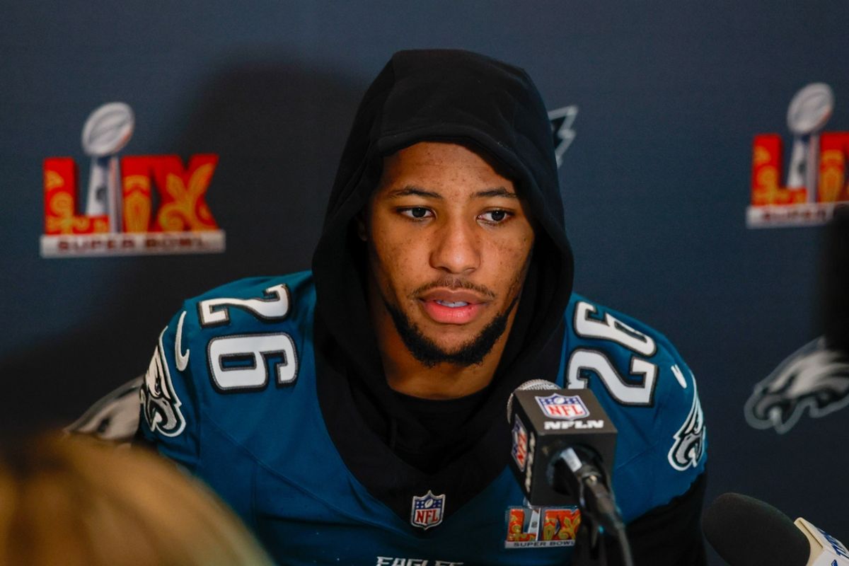 Feb 6, 2025; New Orleans, LA, USA;  Philadelphia Eagles running back Saquon Barkley (26) during a press conference in advance of Super Bowl LIX at New Orleans Marriott. Mandatory Credit: Stephen Lew-Imagn Images