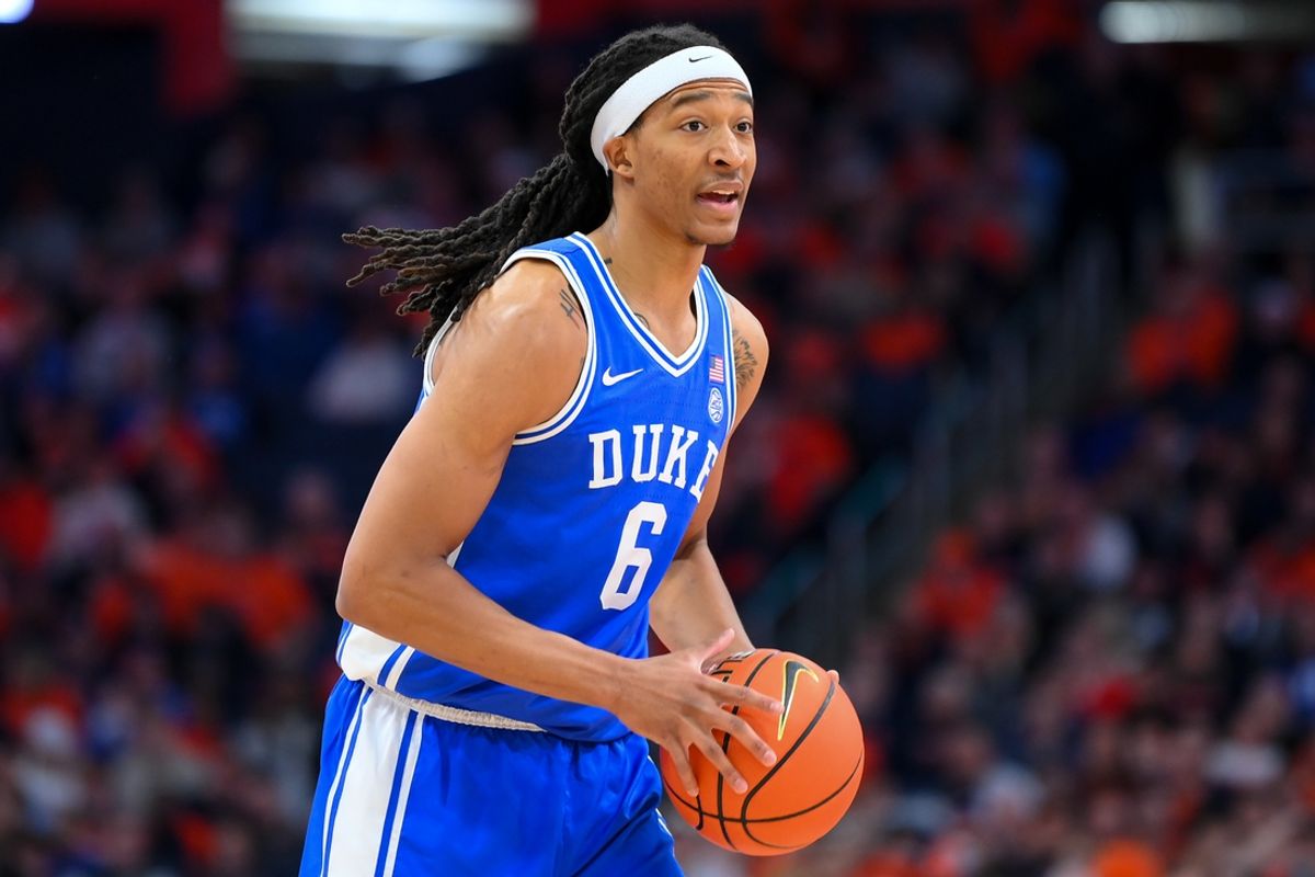 Feb 5, 2025; Syracuse, New York, USA; Duke Blue Devils forward Maliq Brown (6) controls the ball during the first half at the JMA Wireless Dome. Mandatory Credit: Rich Barnes-Imagn Images