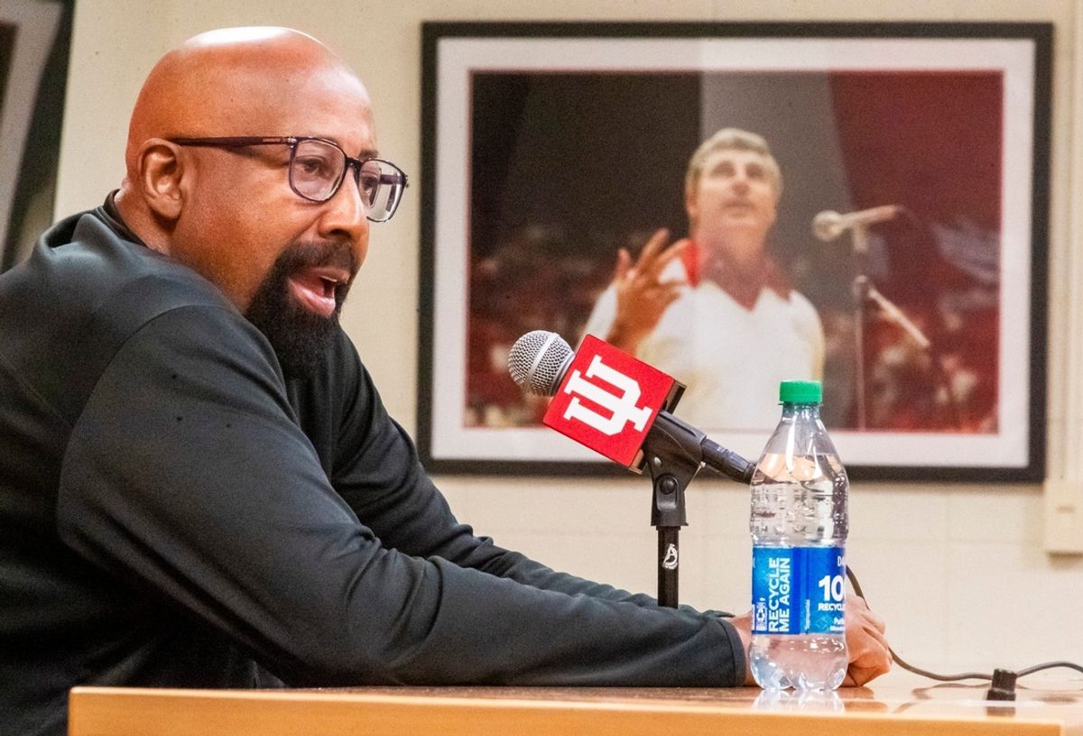 Indiana Head Coach Mike Woodson, who played for Bob Knight, speaks about his influence on him and others during a press conference at Simon Skjodt Assembly Hall on Nov. 2.
 Photos by Rich Janzaruk/Herald-Times
Indiana Head Coach Mike Woodson, who played for Bob Knight, speaks about his influence on him and others during a press conference at Simon Skjodt Assembly Hall on Thursday, Nov. 2, 2023.