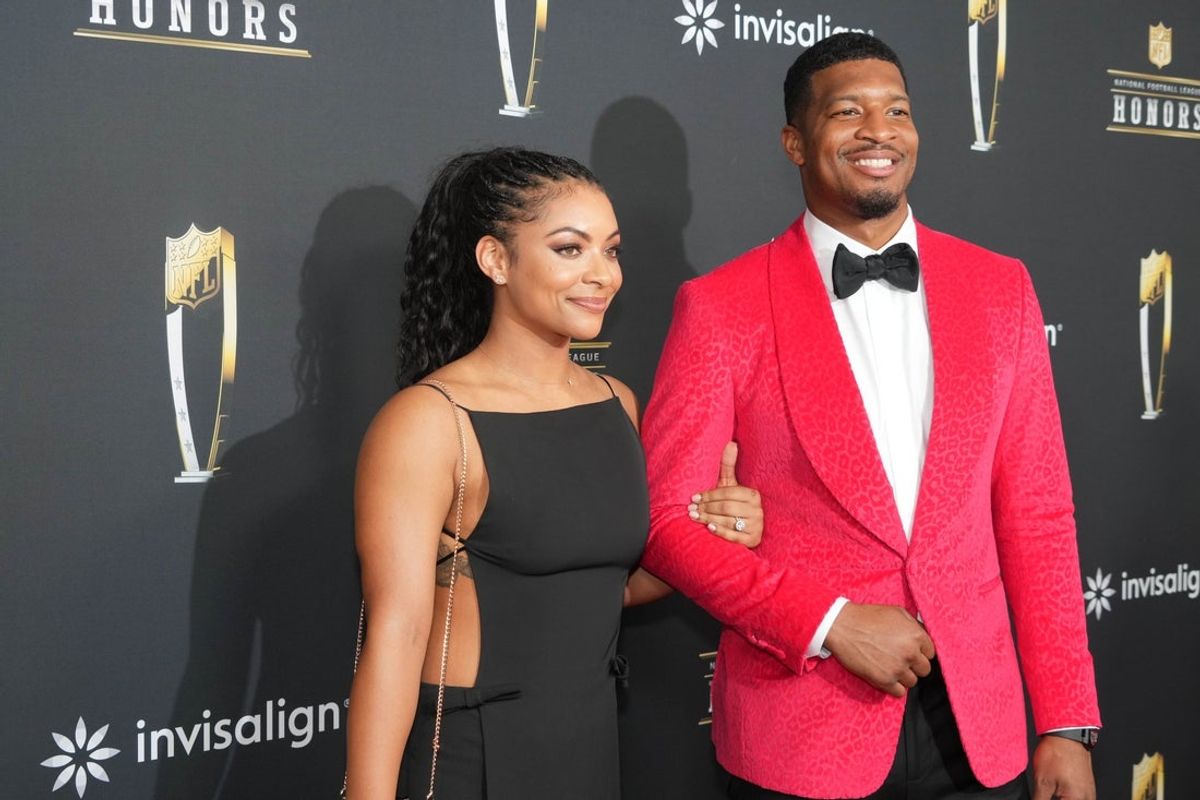 Feb 6, 2025; New Orleans, LA, USA;  Jameis Winston and his wife Brieon Winston on the red carpet before Super Bowl LIX NFL Honors at Saenger Theatre. Mandatory Credit: Kirby Lee-Imagn Images