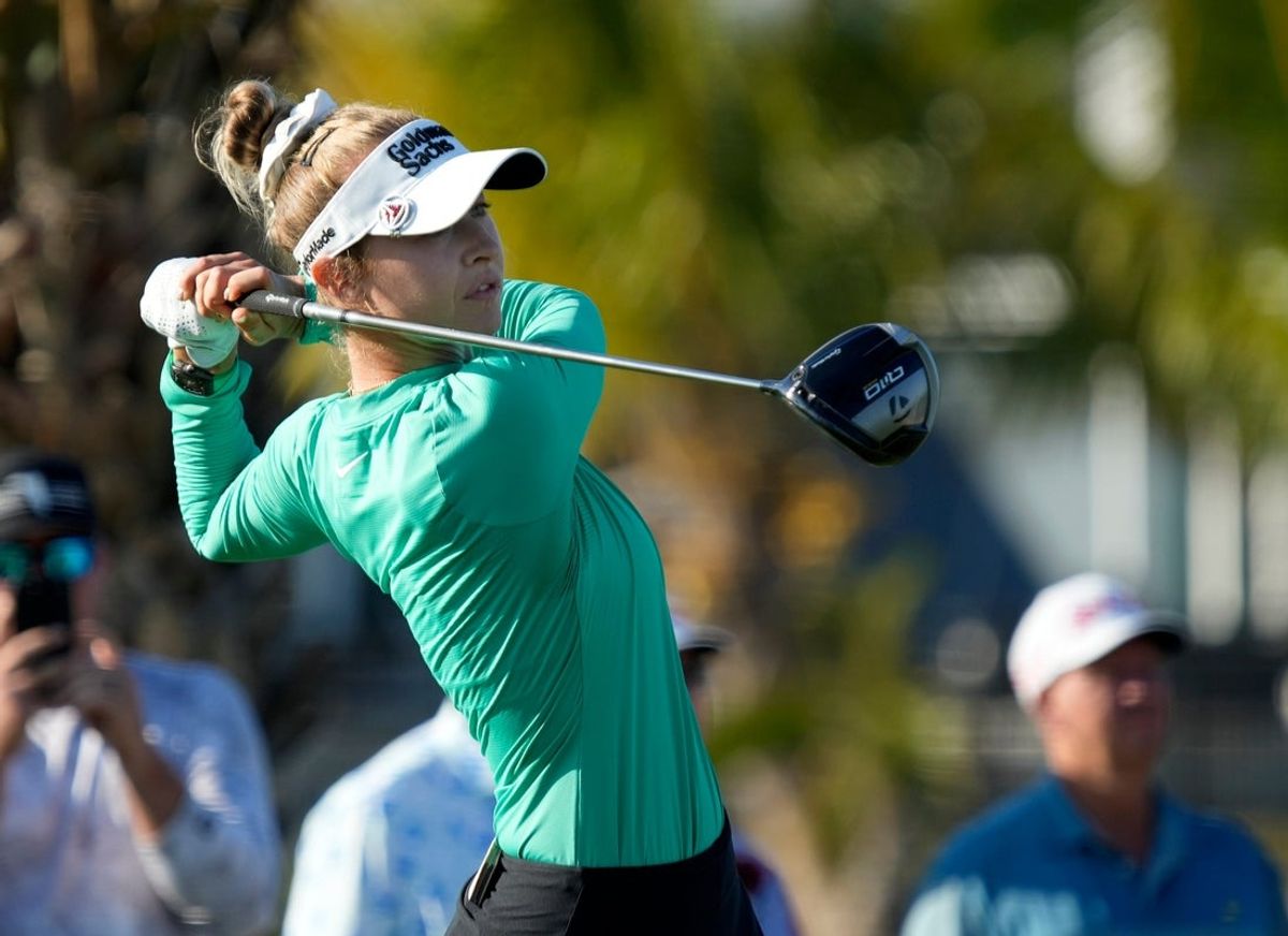 Nelly Korda of Bradenton, Florida, tees off on the 3rd hole on Thursday, Feb. 6th during the first round of the LPGA 2025 Founders Cup at the Bradenton Country Club in Bradenton, Florida.
