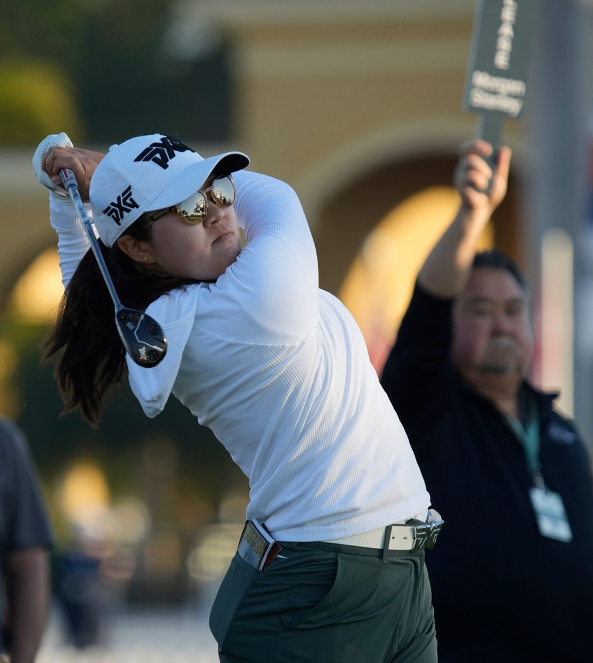 Auston Kim of St. Augustine, Florida hits her tee shot on the 1st hole on Thursday, Feb. 6th during the first round of the LPGA 2025 Founders Cup at the Bradenton Country Club in Bradenton, Florida.