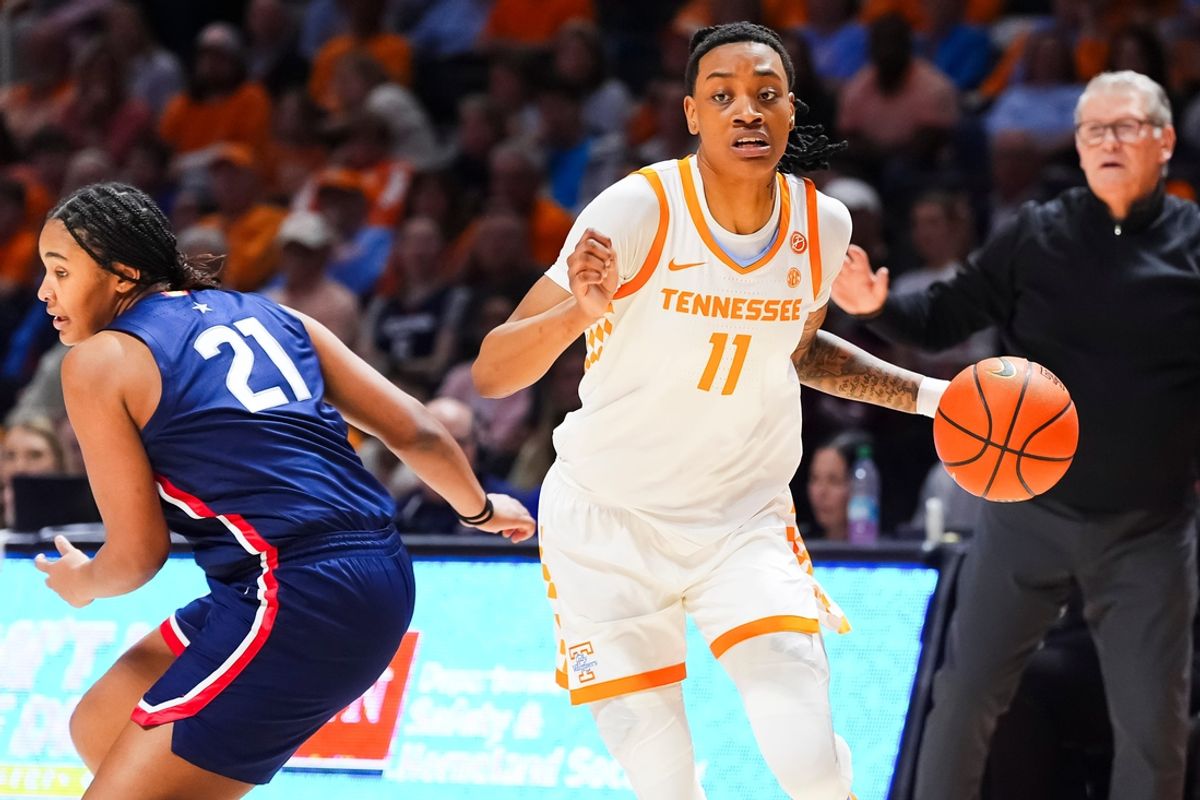 Tennessee forward Zee Spearman (11) moves UConn forward Sarah Strong (21) during a women's college basketball game between the Lady Vols and UConn at Thompson-Boling Arena at Food City Center in Knoxville on Thursday, February 6, 2025.