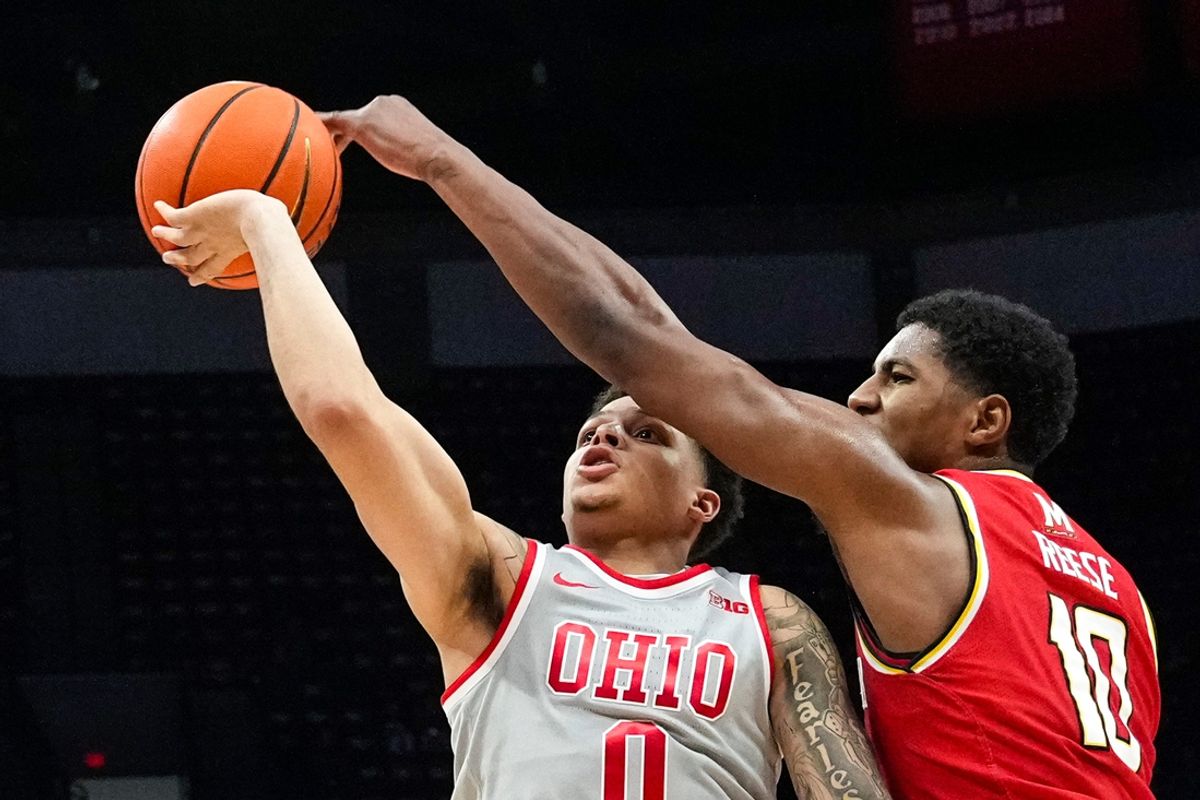 Maryland Terrapins forward Julian Reese (10) blocks the shot of Ohio State Buckeyes guard John Mobley Jr. (0) in the first half at Value City Arena on Thursday, Feb. 6, 2025 in Columbus, Ohio.