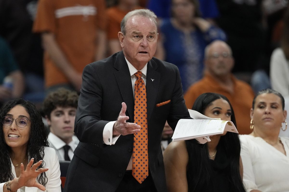 Feb 6, 2025; Austin, Texas, USA; Texas Longhorns head coach Vic Schaefer reacts to a call during the first half against the Vanderbilt Commodores at Moody Center. Mandatory Credit: Scott Wachter-Imagn Images
