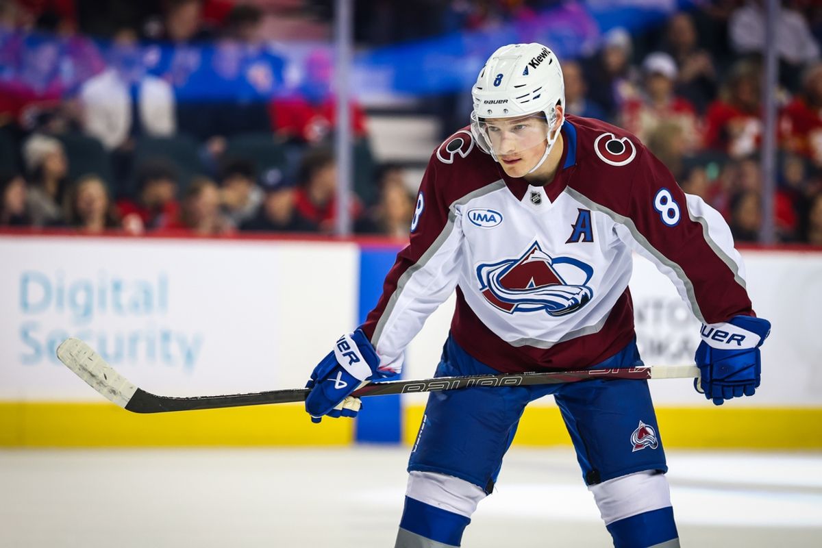 Feb 6, 2025; Calgary, Alberta, CAN; Colorado Avalanche defenseman Cale Makar (8) during the face off against the Calgary Flames during the first period at Scotiabank Saddledome. Mandatory Credit: Sergei Belski-Imagn Images