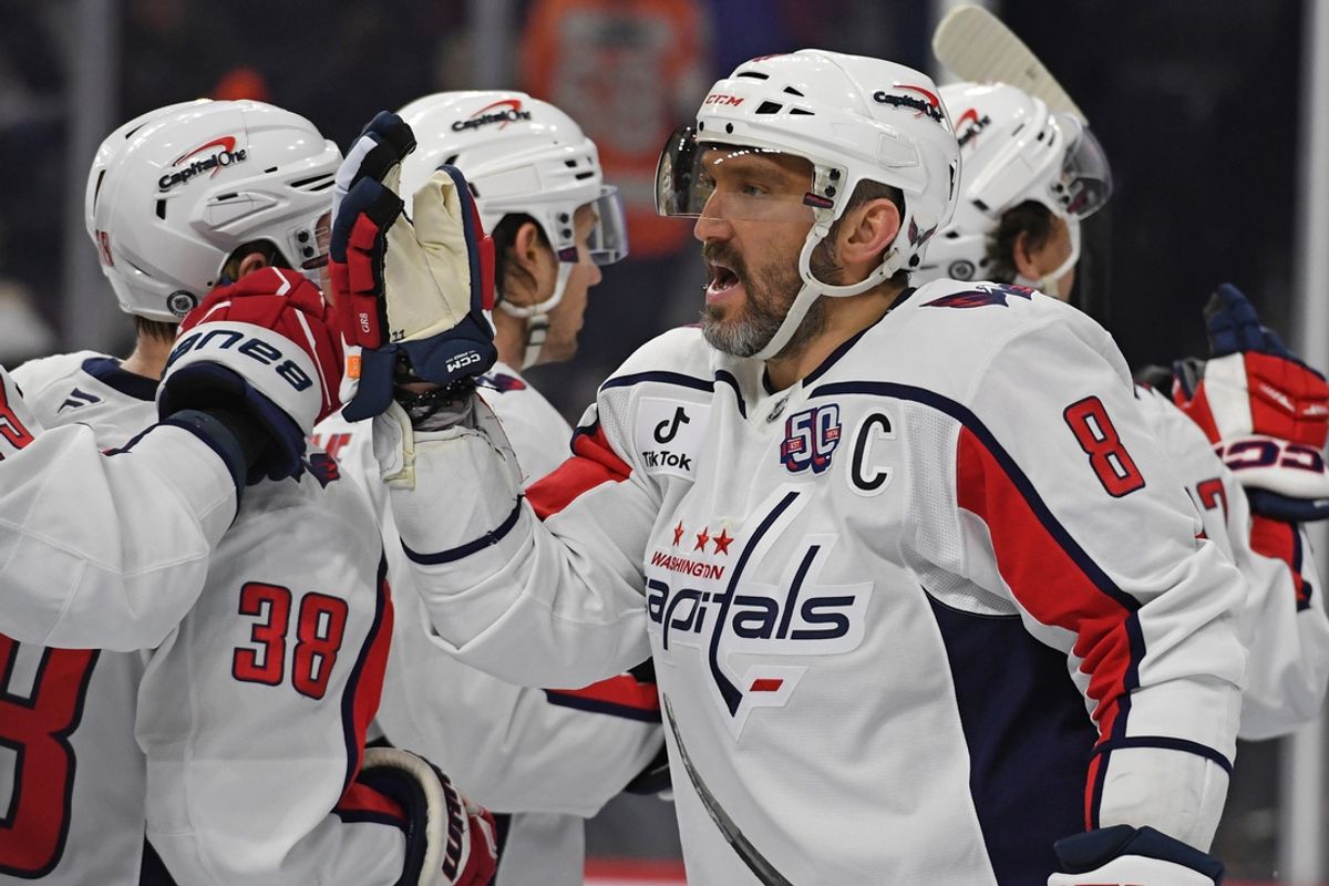 Feb 6, 2025; Philadelphia, Pennsylvania, USA; Washington Capitals left wing Alex Ovechkin (8) celebrates win against the Philadelphia Flyers during the third period at Wells Fargo Center. Mandatory Credit: Eric Hartline-Imagn Images