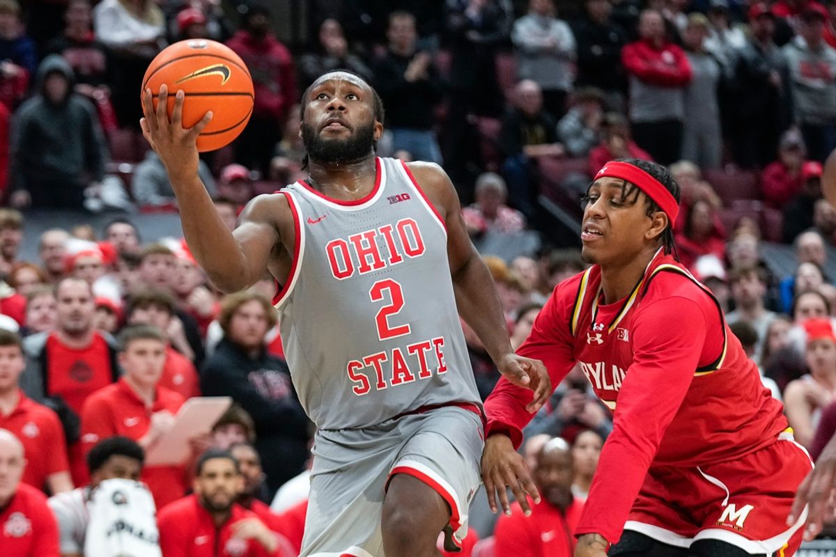 Ohio State Buckeyes guard Bruce Thornton (2) goes in for a layup in the second half at Value City Arena on Thursday, Feb. 6, 2025 in Columbus, Ohio.