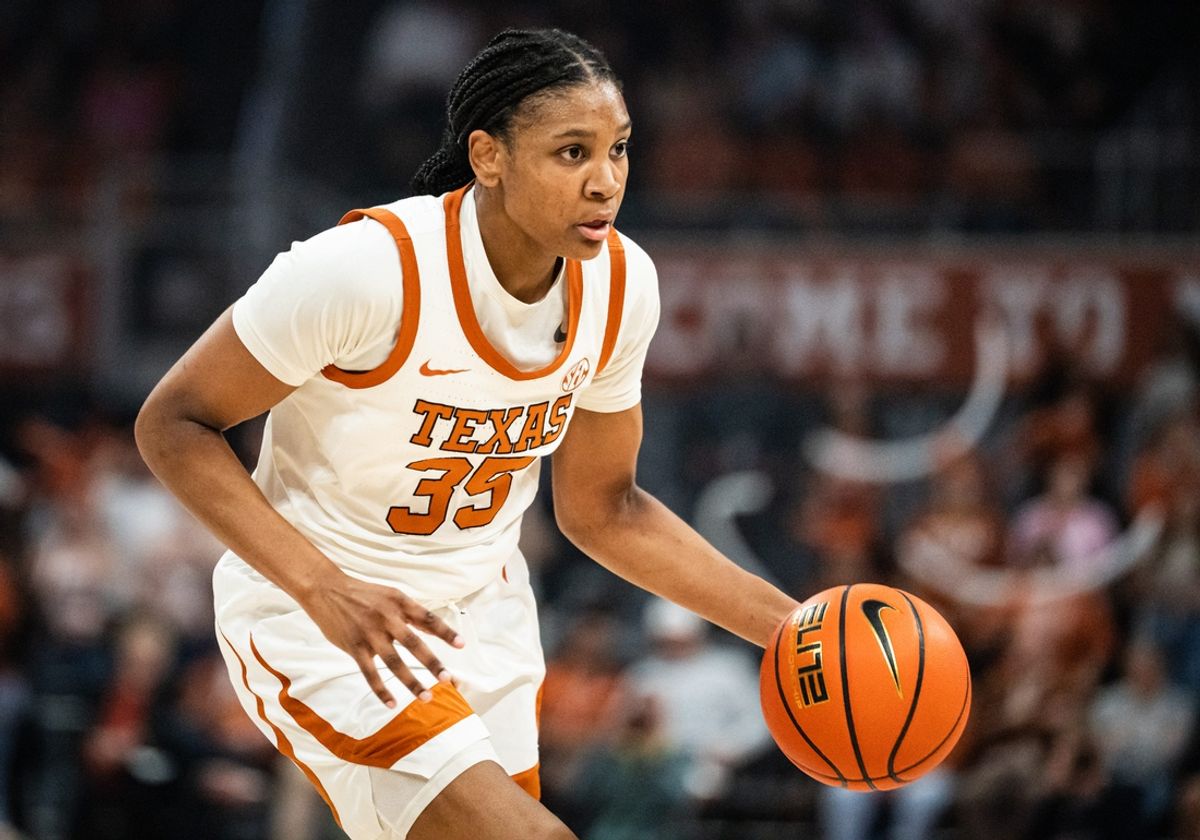 Texas Longhorns forward Madison Booker (35) dribbles the ball in the first half as the Texas Longhorns take on the Vanderbilt Commodores at the Moody Center, Feb. 5, 2025.