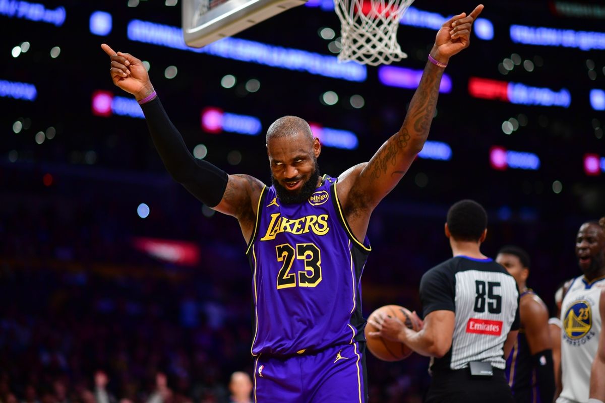 Feb 6, 2025; Los Angeles, California, USA; Los Angeles Lakers forward LeBron James (23) reacts during the second half at Crypto.com Arena. Mandatory Credit: Gary A. Vasquez-Imagn Images