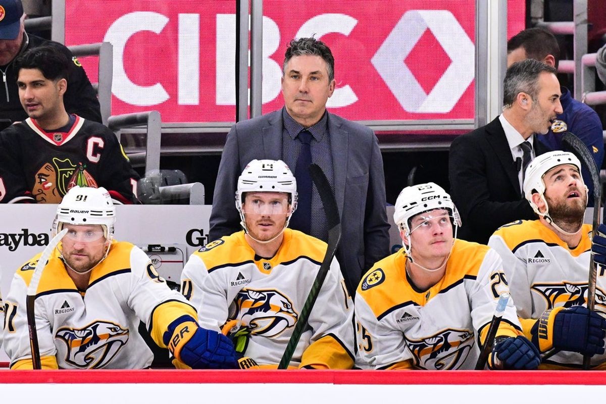 Feb 7, 2025; Chicago, Illinois, USA; Nashville Predators head coach Andrew Brunette looks on against the Chicago Blackhawks during the first period at the United Center. Mandatory Credit: Daniel Bartel-Imagn Images
