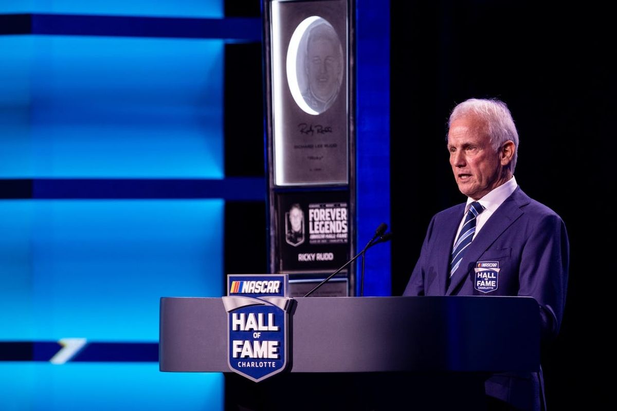 Feb 7, 2025; Charlotte, NC, USA; Former driver Ricky Rudd accepts his induction into the NASCAR Hall Of Fame at Charlotte Convention Center Crown Ballroom. Mandatory Credit: Scott Kinser-Imagn Images