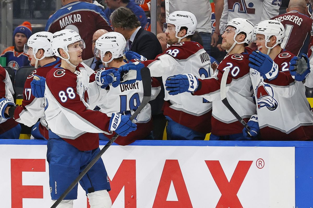 Feb 7, 2025; Edmonton, Alberta, CAN; The Colorado Avalanche celebrate a goal scored by  forward Martin Necas (88) during the third period against the Edmonton Oilers at Rogers Place. Mandatory Credit: Perry Nelson-Imagn Images