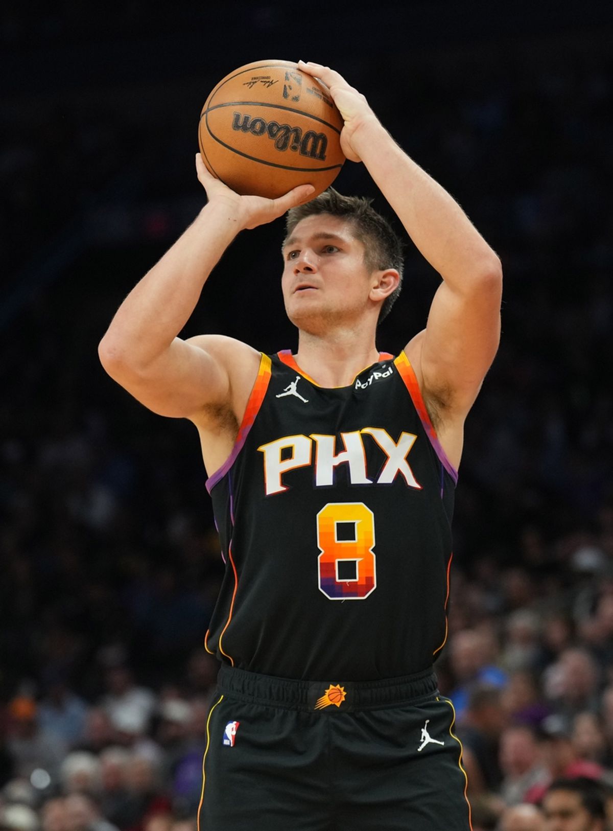 Feb 7, 2025; Phoenix, Arizona, USA; Phoenix Suns guard Grayson Allen (8) shoots against the Utah Jazz during the second half at Footprint Center. Mandatory Credit: Joe Camporeale-Imagn Images