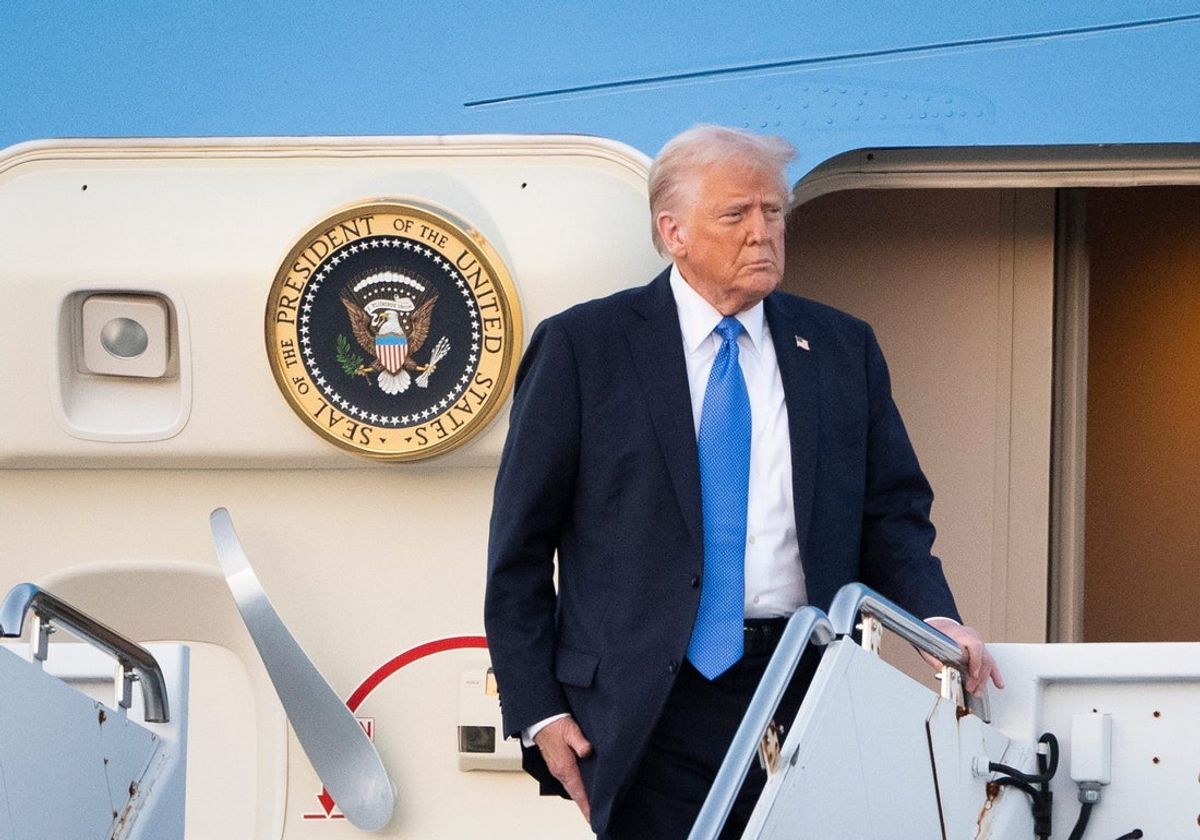 President Donald Trump arrives on Air Force One at Palm Beach International Airport in West Palm Beach, Florida on February 7, 2025. Trump is staying at his Mar-a-Lago home in Palm Beach before traveling to New Orleans on Sunday for the Super Bowl.