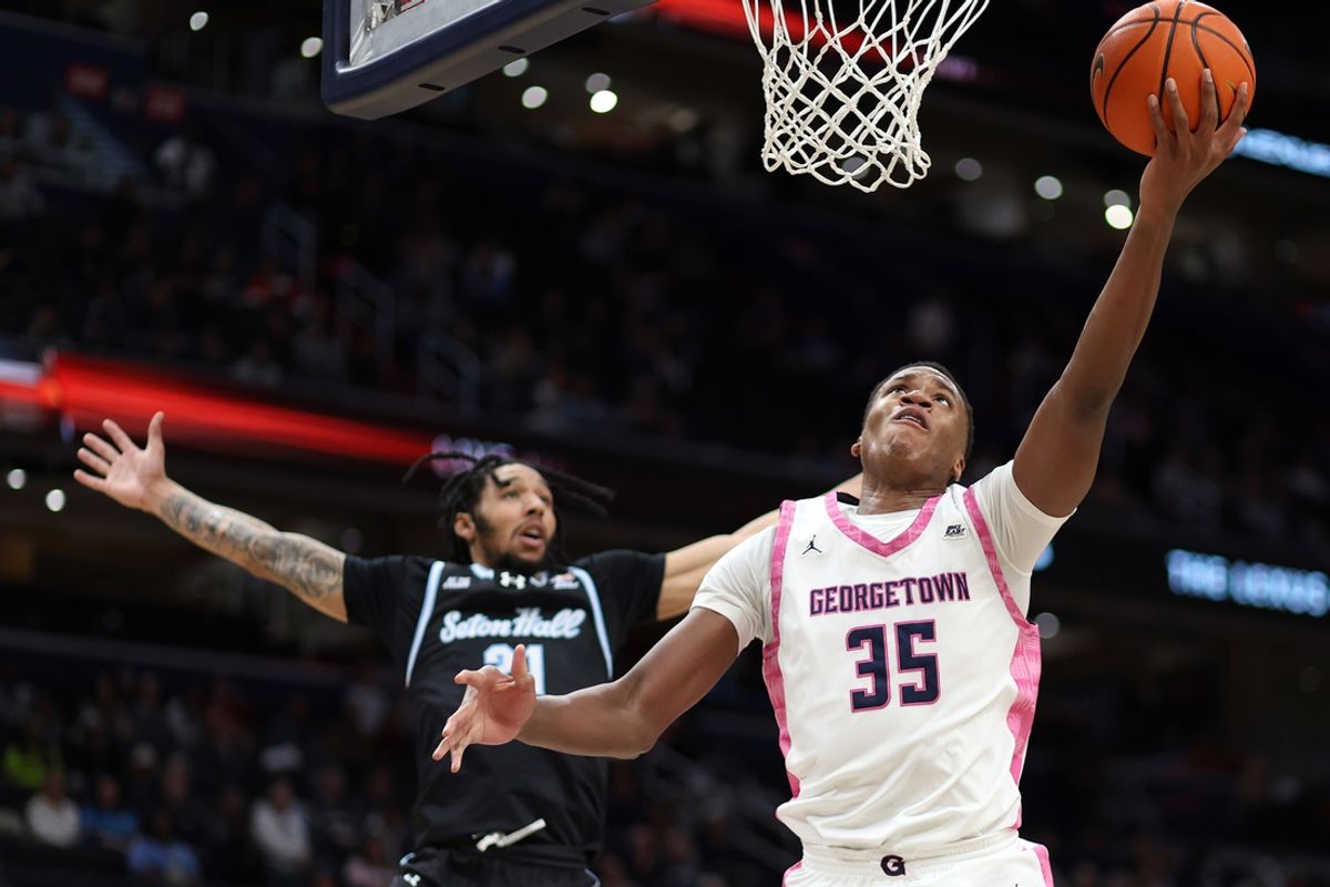 Feb 8, 2025; Washington, District of Columbia, USA; Georgetown Hoyas forward Thomas Sorber (35) takes a shot over Seton Hall Pirates guard Isaiah Coleman (21) during the first half at Capital One Arena. Mandatory Credit: Daniel Kucin Jr.-Imagn Images