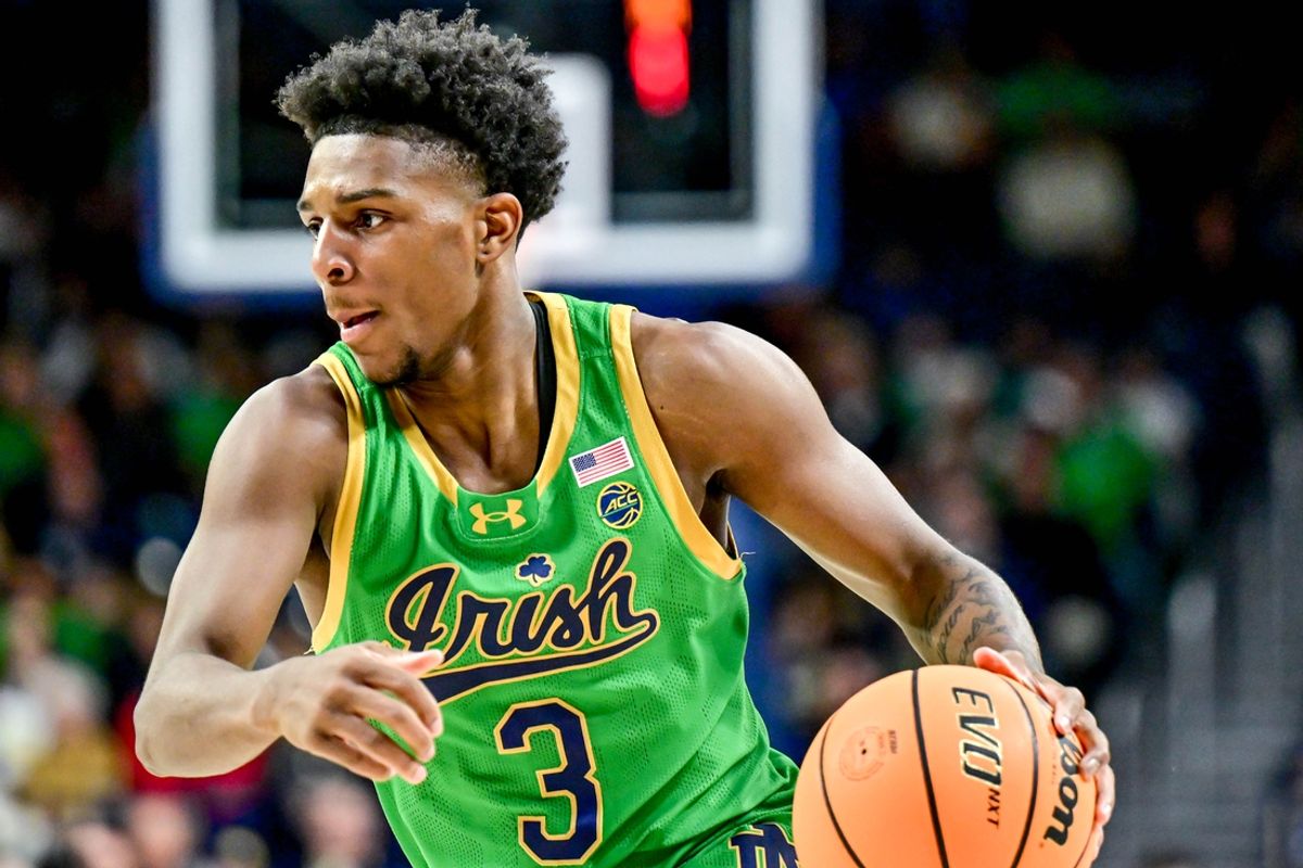 Feb 8, 2025; South Bend, Indiana, USA; Notre Dame Fighting Irish guard Markus Burton (3) dribbles in the first half against the Virginia Tech Hokies at the Purcell Pavilion. Mandatory Credit: Matt Cashore-Imagn Images