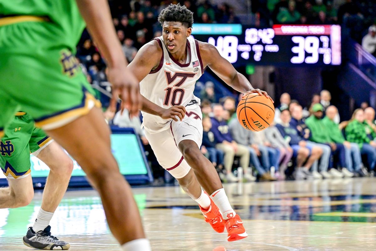 Feb 8, 2025; South Bend, Indiana, USA; Virginia Tech Hokies guard Tyler Johnson (10) drives to the basket in the second half against the Notre Dame Fighting Irish at the Purcell Pavilion. Mandatory Credit: Matt Cashore-Imagn Images