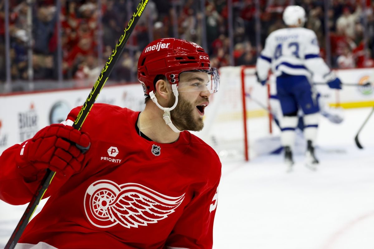 Feb 8, 2025; Detroit, Michigan, USA;  Detroit Red Wings right wing Alex DeBrincat (93) celebrates after he scores a goal on Tampa Bay Lightning goaltender Andrei Vasilevskiy (88) in the second period at Little Caesars Arena. Mandatory Credit: Rick Osentoski-Imagn Images