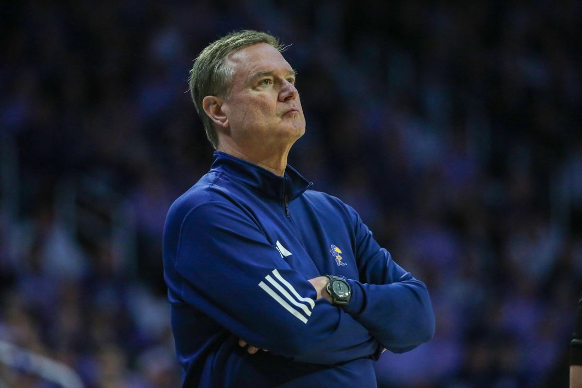 Feb 8, 2025; Manhattan, Kansas, USA; Kansas Jayhawks head coach Bill Self watches his team during the second half against the Kansas State Wildcats at Bramlage Coliseum. Mandatory Credit: Scott Sewell-Imagn Images
