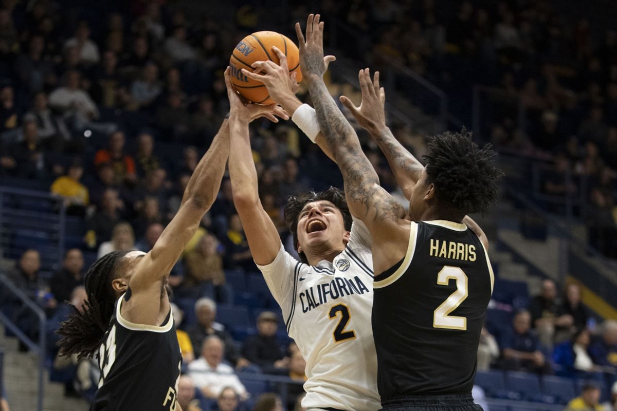 February 8, 2025; Berkeley, California, USA; California Golden Bears guard Andrej Stojakovic (2) shoots the basketball against Wake Forest Demon Deacons guard Juke Harris (2) during the first half at Haas Pavilion. Mandatory Credit: Kyle Terada-Imagn Images