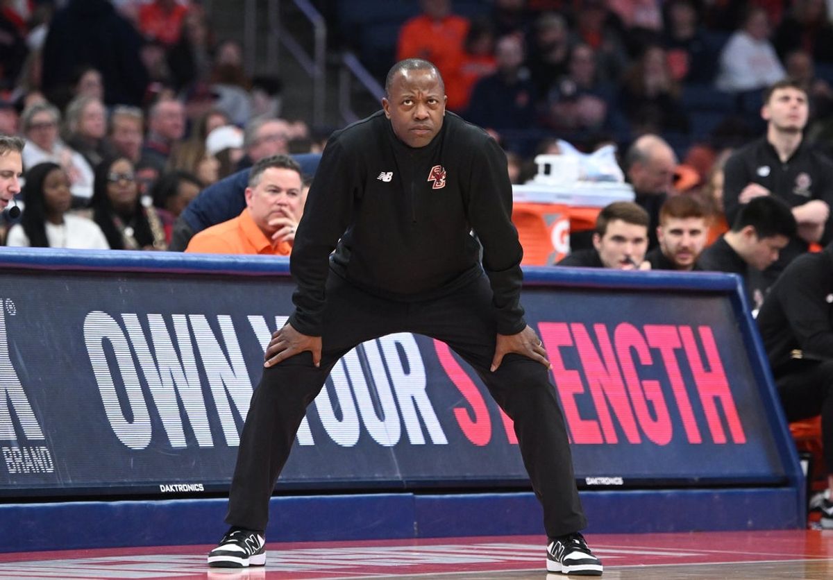 Feb 8, 2025; Syracuse, New York, USA; Boston College Eagles head coach Earl Grant watches play against the Syracuse Orange in the first half at the JMA Wireless Dome. Mandatory Credit: Mark Konezny-Imagn Images