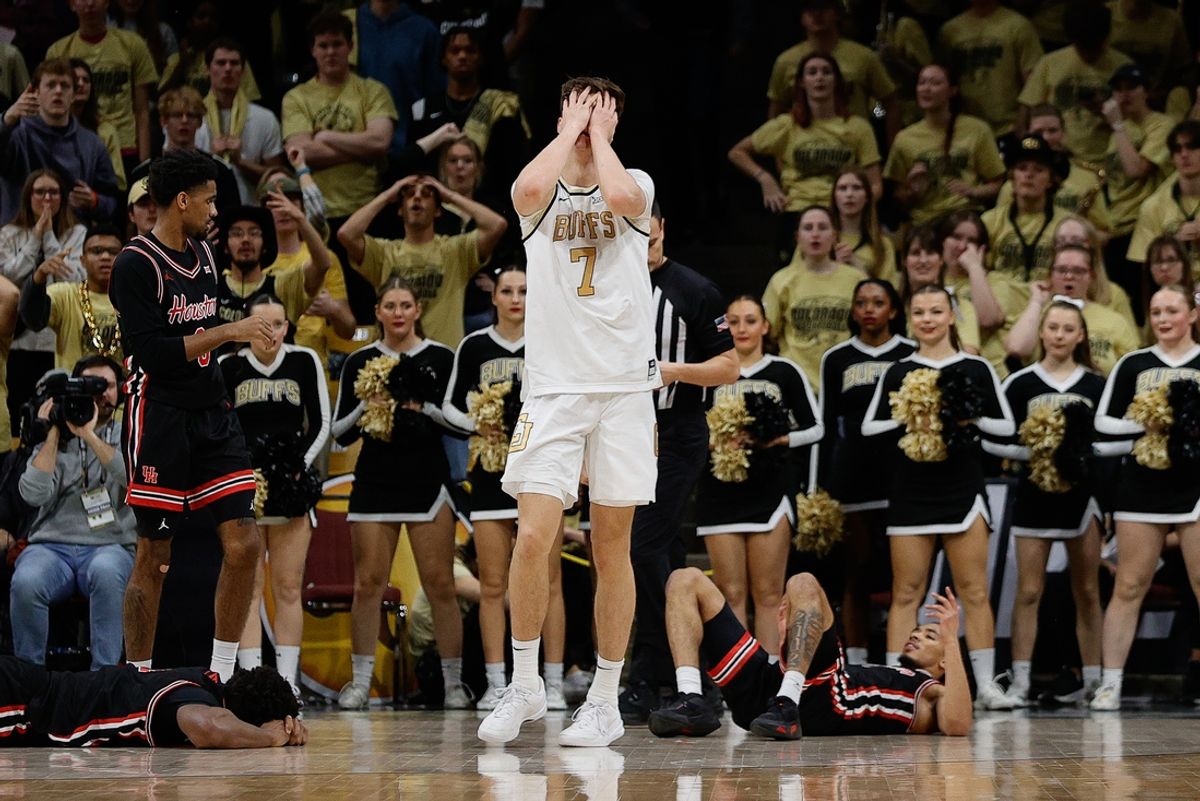 Feb 8, 2025; Boulder, Colorado, USA; Colorado Buffaloes forward Sebastian Rancik (7) reacts after a play in the first half against the Houston Cougars at CU Events Center. Mandatory Credit: Isaiah J. Downing-Imagn Images