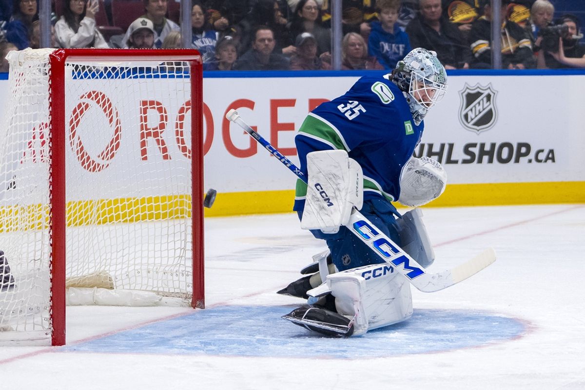 Feb 8, 2025; Vancouver, British Columbia, CAN; Vancouver Canucks goalie Thatcher Demko (35) makes a save against the Toronto Maple Leafs in the first period at Rogers Arena. Mandatory Credit: Bob Frid-Imagn Images