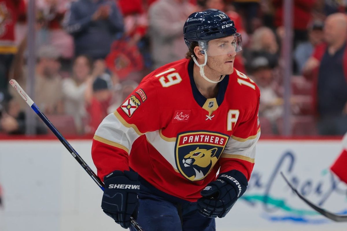 Feb 8, 2025; Sunrise, Florida, USA; Florida Panthers left wing Matthew Tkachuk (19) looks on after scoring against the Ottawa Senators during the second period at Amerant Bank Arena. Mandatory Credit: Sam Navarro-Imagn Images