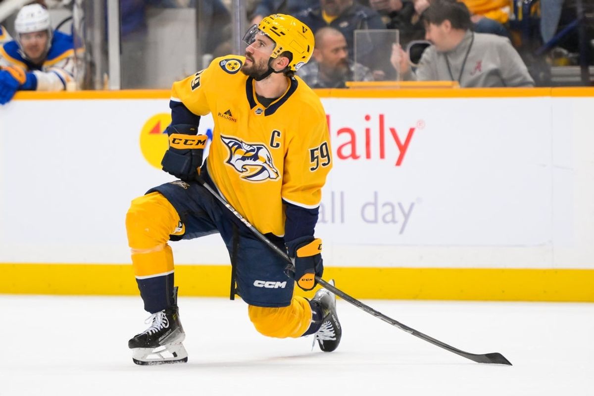 Feb 8, 2025; Nashville, Tennessee, USA;  Nashville Predators defenseman Roman Josi (59) awaits a face off against the Buffalo Sabres during the first period at Bridgestone Arena. Mandatory Credit: Steve Roberts-Imagn Images