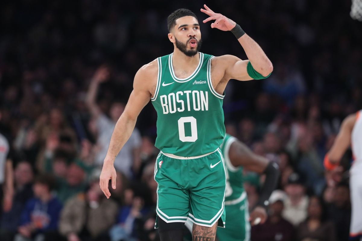 Feb 8, 2025; New York, New York, USA;  Boston Celtics forward Jayson Tatum (0) gestures after making a three point shot in the first quarter against the New York Knicks at Madison Square Garden. Mandatory Credit: Wendell Cruz-Imagn Images