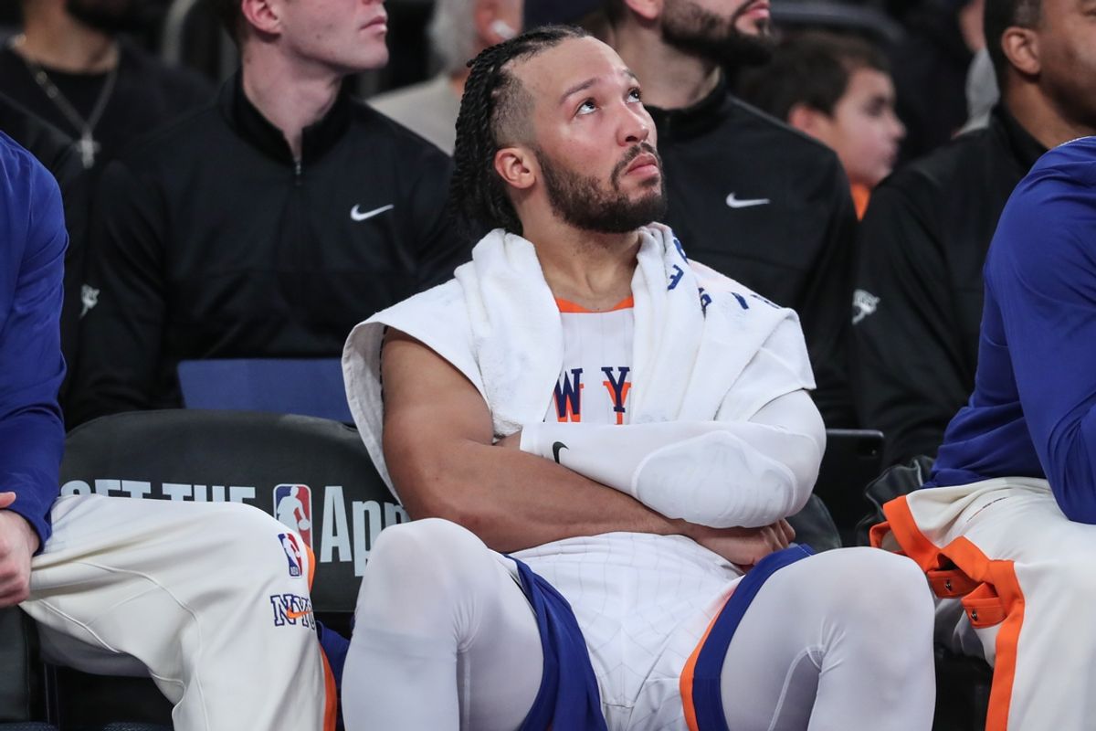 Feb 8, 2025; New York, New York, USA;  New York Knicks guard Jalen Brunson (11) sits on the bench in the final minutes of the game against the Boston Celtics at Madison Square Garden. Mandatory Credit: Wendell Cruz-Imagn Images