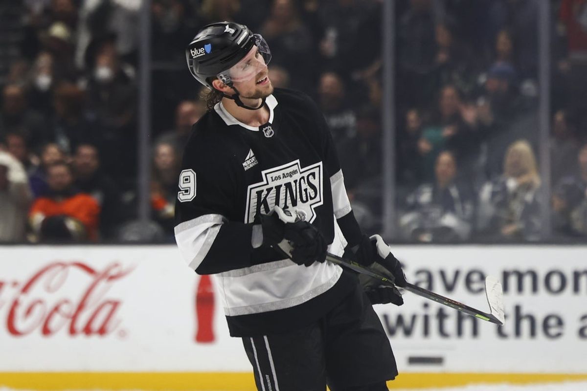 Feb 8, 2025; Los Angeles, California, USA; Los Angeles Kings right wing Adrian Kempe (9) reacts after a shot attempt during a shootout against the Anaheim Ducks during a hockey game at Crypto.com Arena. Mandatory Credit: Jessica Alcheh-Imagn Images