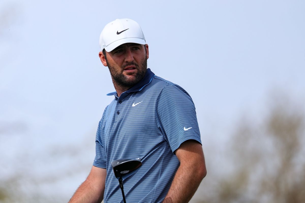 Feb 9, 2025; Scottsdale, Arizona, USA; Scottie Scheffler of the United States watches his ball fly after he hit it off of the tee at hole 9 during the final round of the WM Phoenix Open golf tournament. Mandatory Credit: Aryanna Frank-Imagn Images
