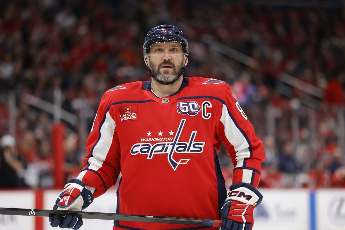 Feb 9, 2025; Washington, District of Columbia, USA; Washington Capitals left wing Alex Ovechkin (8) looks on during a stoppage in play in the third period against the Utah Hockey Club at Capital One Arena. Mandatory Credit: Amber Searls-Imagn Images