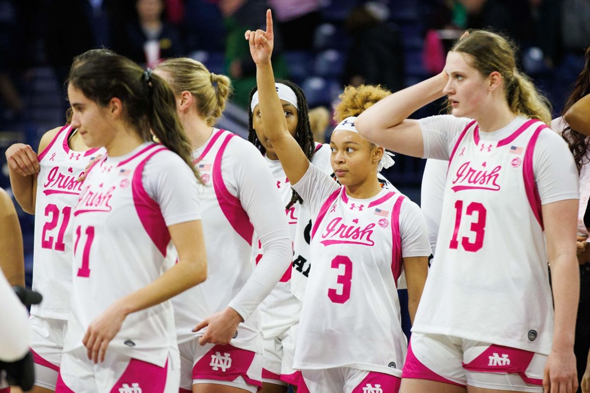 Notre Dame walks off the court after winning a NCAA women's basketball game 91-52 against No. 21 California at Purcell Pavilion on Sunday, Feb. 9, 2025, in South Bend.
