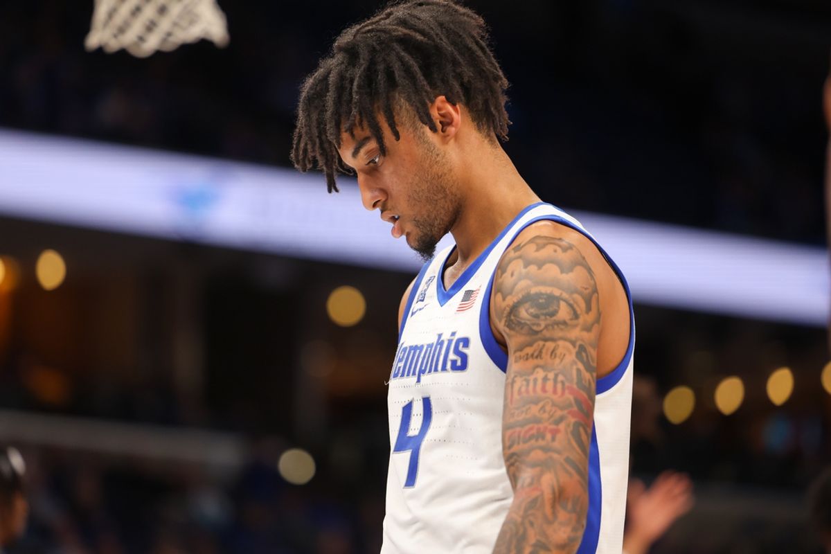 Feb 9, 2025; Memphis, Tennessee, USA; Memphis Tigers guard PJ Haggerty (4) looks on against the Temple Owls during the second half at FedExForum. Mandatory Credit: Wesley Hale-Imagn Images