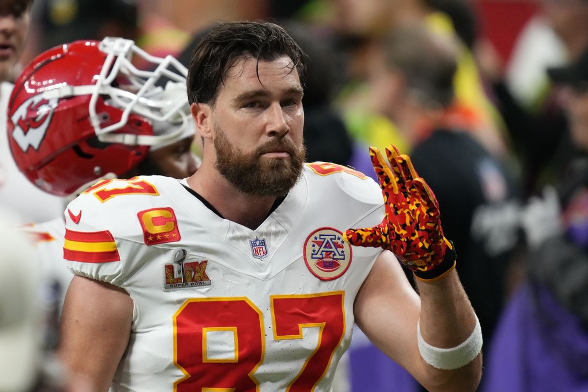 Feb 9, 2025; New Orleans, LA, USA; Kansas City Chiefs tight end Travis Kelce (87) takes the field before Super Bowl LIX against the Philadelphia Eagles at Caesars Superdome. Mandatory Credit: Kirby Lee-Imagn Images